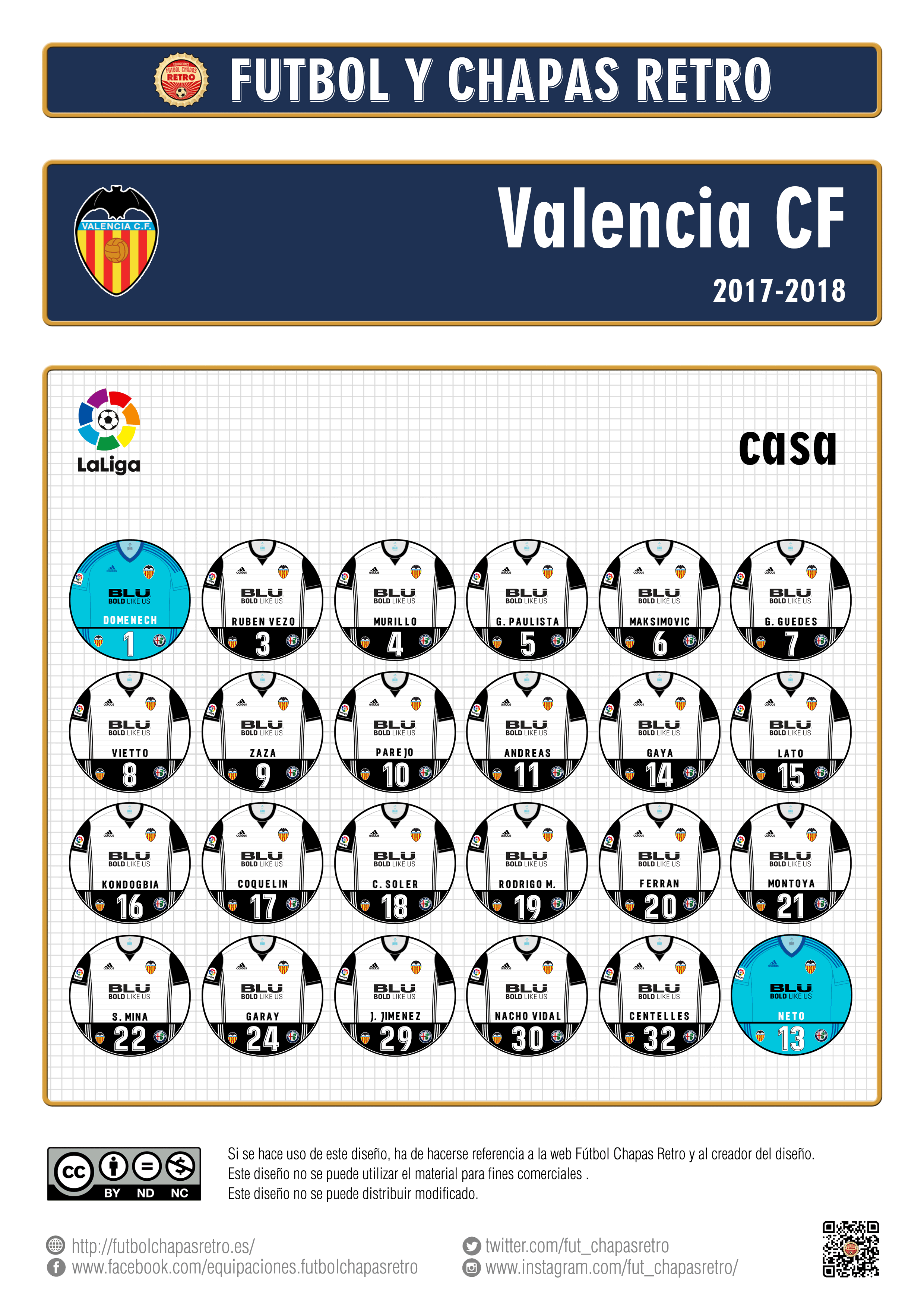 Valencia CF 2017-2018 Fútbol Chapas Retro